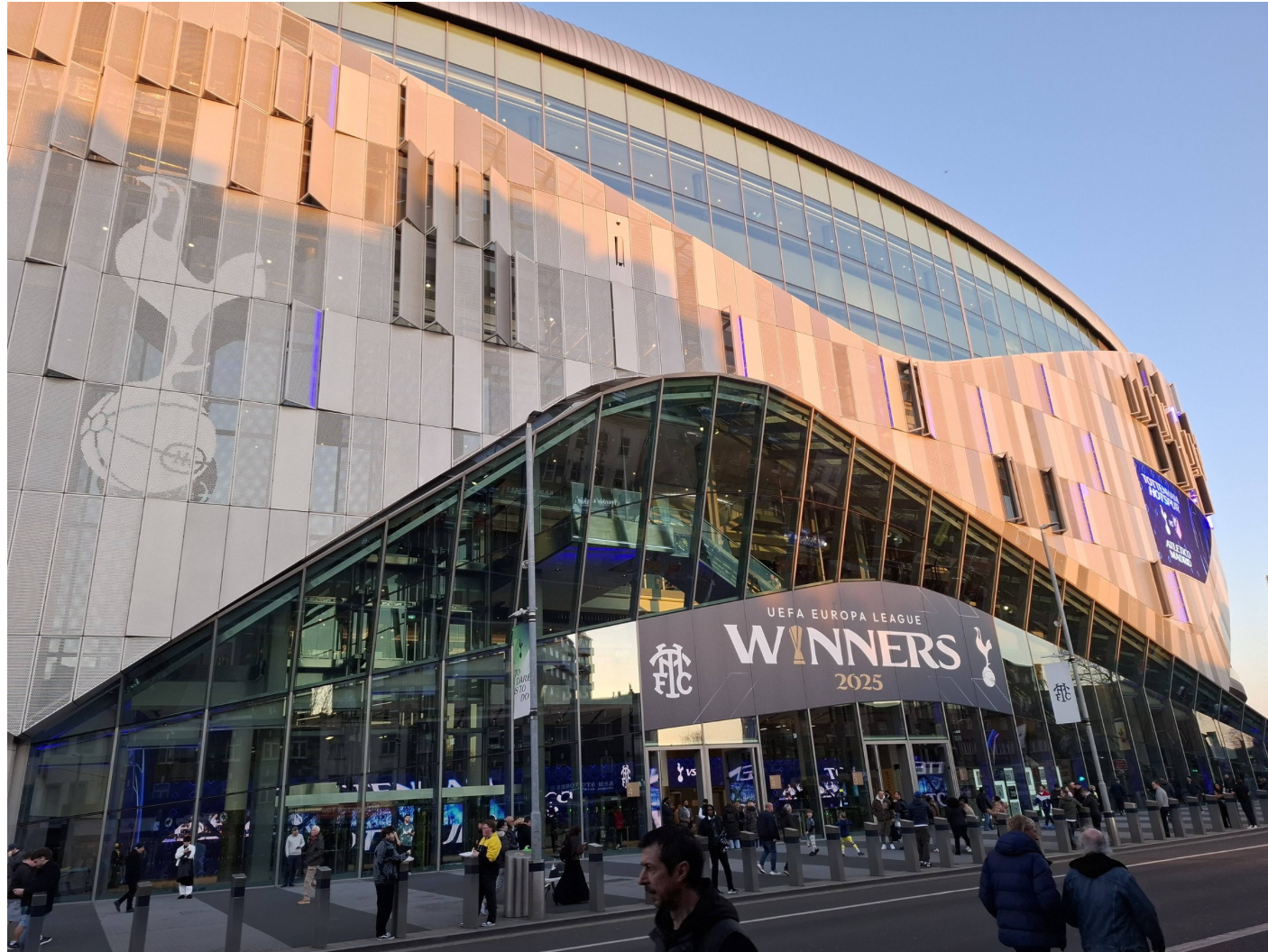 The Tottenham Hotspur Stadium exterior before kick-off, with the UEFA Europa League Winners 2025 banner on display